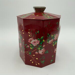 VINTAGE Daintee Toffee from England CANDY TIN PINK ROSES RED TIN GOLD ACCENTS